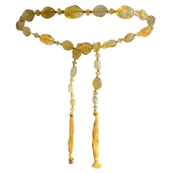 CHANEL VINTAGE 1999 YELLOW RESIN STONE AND GOLD CC LOGO CHARM TASSEL DETAIL BELT - Picture 1 of 10
